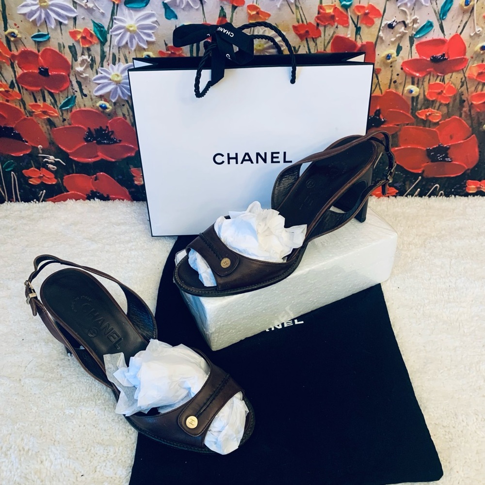 Authentic Chanel CC button sandals sz 37.5